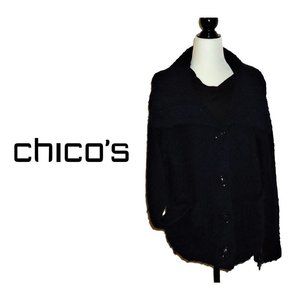 Chico's Wool Blend Navy Chunky Knit Sweater Big Button Up Jacket Size 2 (L)